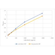 ELISA analysis of biotin using Biotin antibody and Streptavidin. The plate was coated with a biotin-conjugated monoclonal antibody, blocked with BSA and incubated with a HRP-conjugated antibody (Biotin) and a HRP-conjugated Streptavidin antibody as a control. TMB substrate was used for colorimetric detection and absorbance was measured at 450 nm.